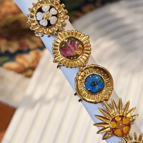 Handmade Stainless Steel Gold Plated Dried Flower Resin Ring Vintage Bohemian Sunflower Sunray Open Ring For Women Jewelry