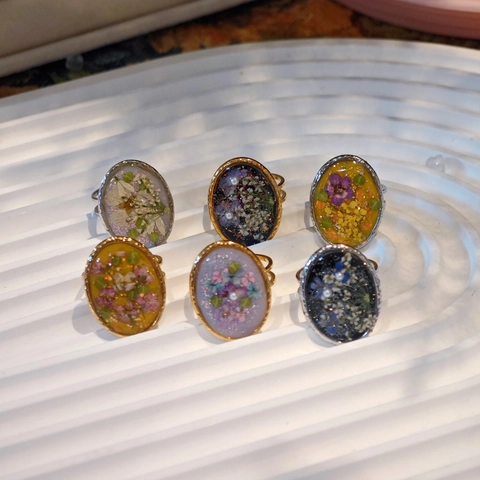 Handmade Stainless Steel Open Ring Real Dried Flower Resin Rings Vintage Floral Adjustable Jewelry For Women Gold Silver Tone
