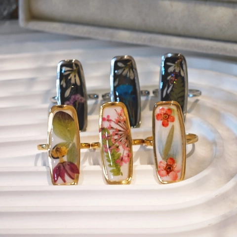 Bague Ouverte en Acier Inoxydable de Style Chinois Fait à la Main Rectangle Résine Véritables Fleurs Séchées Feuille Botanique