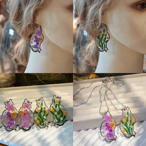 Handcrafted Cute Cat Shape Stainless Steel Earrings Necklace Real Dried Flower Resin Pendant Jewelry Set For Women Daily Wear