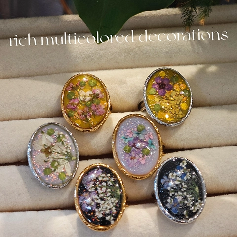 Handmade Stainless Steel Open Ring Real Dried Flower Resin Rings Vintage Floral Adjustable Jewelry For Women Gold Silver Tone