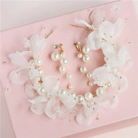 Set Copricapo da Sposa Coreano in Tessuto Bianco con Fiori e Perle Artificiali Cerchietto e Orecchini con Strass per Donna