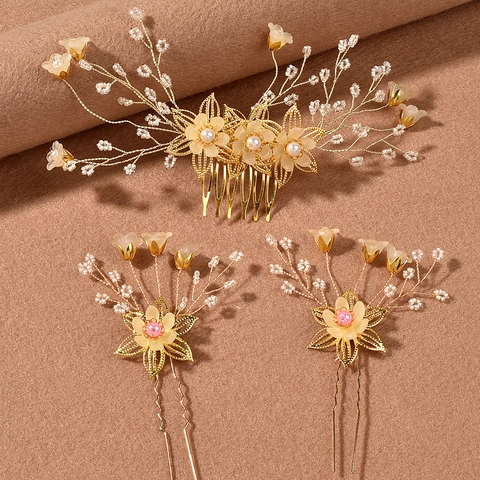 Gold Bridal Wedding Flower Hair Comb Hairpin Set Handmade Artificial Pearl Floral Side Clip Elegant Women Hair Accessories