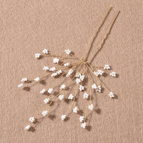 Horquilla de Novia Hecha a Mano Alambre de Oro Perla Artificial Elegante Horquilla Rama de Flor Joyería de Boda para Mujer
