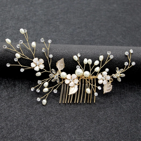 Pettine per Capelli da Sposa in Lega Dorata Fatto a Mano Con Fiori e Foglie Perle Artificiali e Strass Accessorio per Capelli Donna