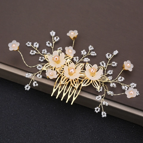 Gold Bridal Wedding Flower Hair Comb Hairpin Set Handmade Artificial Pearl Floral Side Clip Elegant Women Hair Accessories