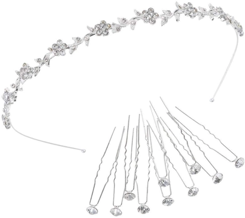 Cerchietto a Fiori con Strass da Sposa E Forcine a U per Matrimonio Festa Gioielli Copricapo Argento Donna