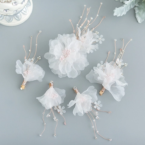 Ensemble Accessoires Cheveux Mariage Style Coréen Pinces À Cheveux Fleurs Faites À La Main Et Boucles D'Oreilles Pour Femme