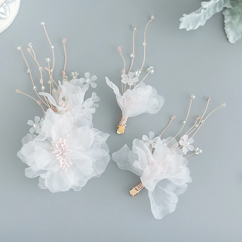 Ensemble Accessoires Cheveux Mariage Style Coréen Pinces À Cheveux Fleurs Faites À La Main Et Boucles D'Oreilles Pour Femme