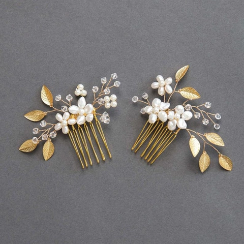 Pettini per Capelli da Sposa Fatti a Mano Oro Argento Lega Foglia Perla Artificiale Strass Copricapo da Sposa Accessori per Capelli Gioielli da Donna
