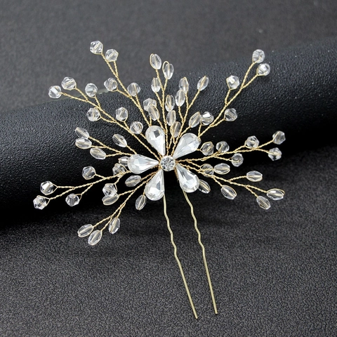 Horquillas de Boda para Novia Hechas a Mano Aleación Strass Forma de U Oro Plata Cristal Flor Tocado Joyería para Mujer