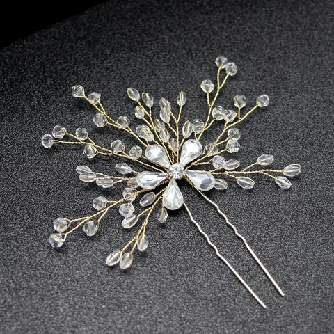 Horquillas de Boda para Novia Hechas a Mano Aleación Strass Forma de U Oro Plata Cristal Flor Tocado Joyería para Mujer
