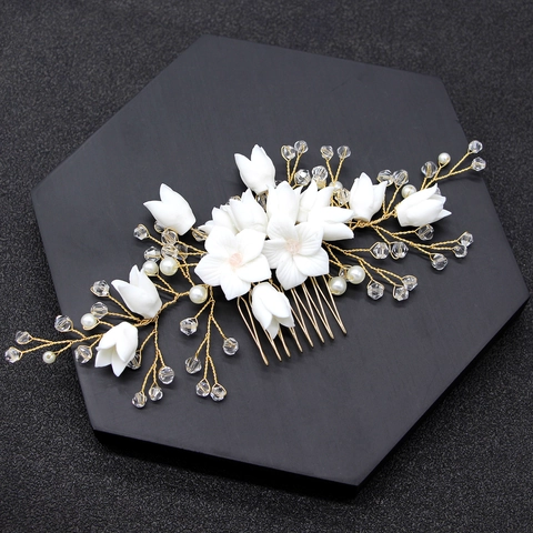 Handgefertigter Weißer Blumen Braut Haarkamm Eleganter Künstliche Perlen Kristall Legierung Hochzeitskopfschmuck Damen Schmuck