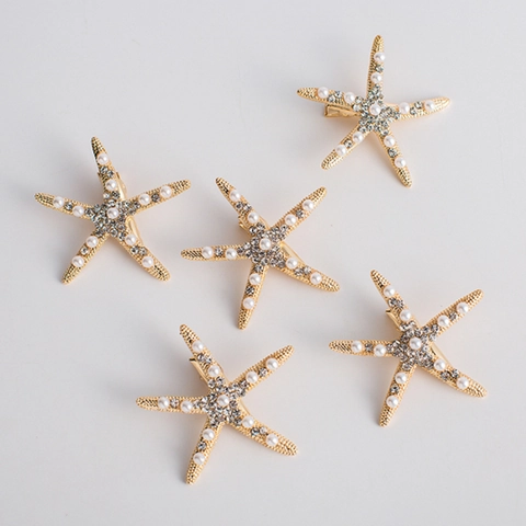 Pinzas para el Cabello de Estrella de Mar Oro Plata Aleación Perla Artificial Strass Estilo Marino Boda Playa Accesorios para Mujer