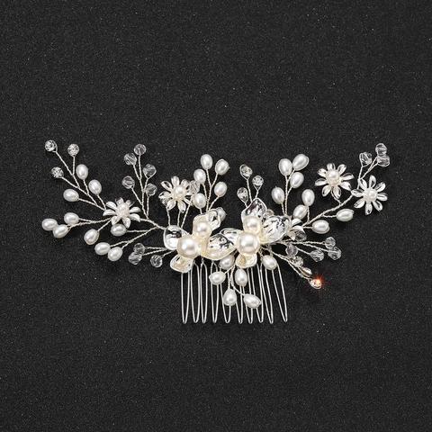 Peineta de Novia Hecha a Mano Oro Plata Aleación Perla Artificial de Imitación Cristal Flor Accesorios para el Cabello Boda Mujer