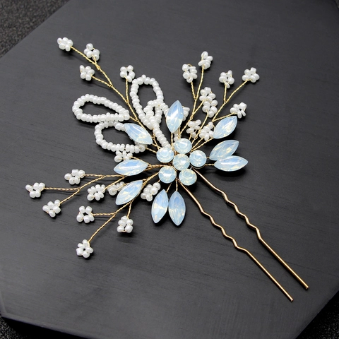 Bridal U Shaped Hair Stick Gold Alloy Crystal Faux Artificial Pearl Hand Twisted Floral Hair Pin For Women Wedding Party Jewelry
