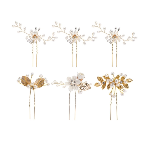Set di 6 Bastoncini per Capelli da Sposa Oro Argento Lega Perla Artificiale Strass Fiore Foglia Accessori Capelli Donna