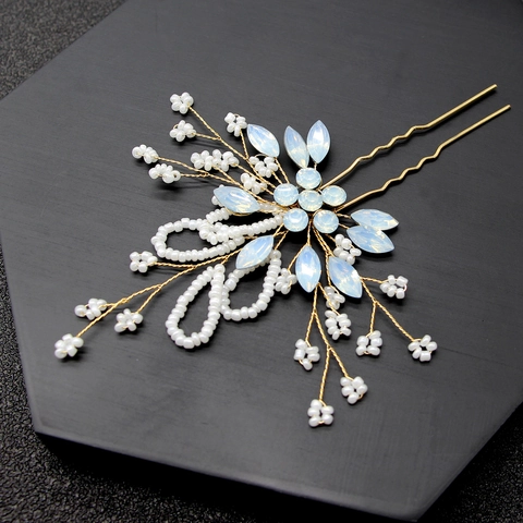 Bridal U Shaped Hair Stick Gold Alloy Crystal Faux Artificial Pearl Hand Twisted Floral Hair Pin For Women Wedding Party Jewelry