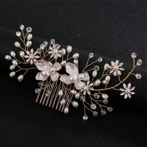 Peineta de Novia Hecha a Mano Oro Plata Aleación Perla Artificial de Imitación Cristal Flor Accesorios para el Cabello Boda Mujer
