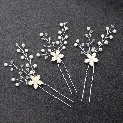 Alloy Bloem Kunstparel Bruids Haarpelden Set Strass U-Vormige Haarstokjes Voor Bruiloft Feest Vrouwen Haaraccessoires
