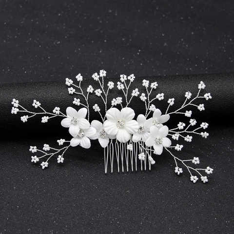 Pettine per Capelli da Sposa Matrimonio Fiore di Stoffa Bianca Strass Perla Artificiale Lega Fatto a Mano Filo Argento