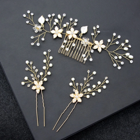 Handgefertigt Braut Haarkamm Und Haarnadel Set Legierung Gold Silber Künstliche Perle Strass Blume Hochzeit Kopfschmuck Damen
