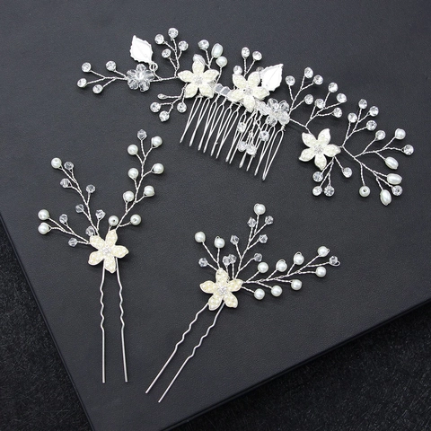 Handgefertigt Braut Haarkamm Und Haarnadel Set Legierung Gold Silber Künstliche Perle Strass Blume Hochzeit Kopfschmuck Damen