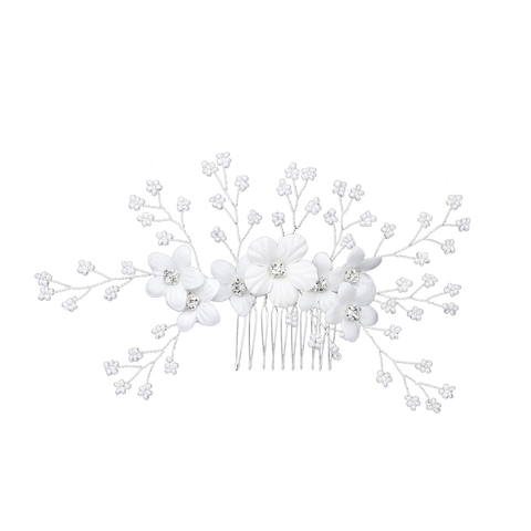 Pettine per Capelli da Sposa Matrimonio Fiore di Stoffa Bianca Strass Perla Artificiale Lega Fatto a Mano Filo Argento