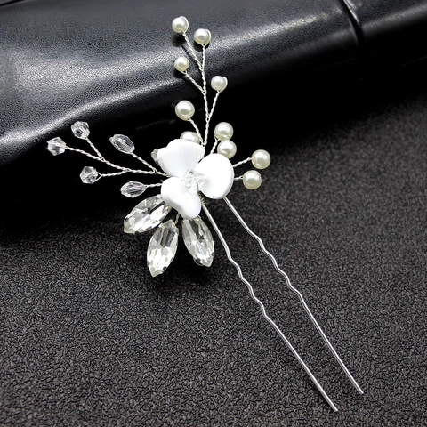 Handmade Flower Artificial Pearl U Shaped Hairpin Bridal Rhinestone Marquise Crystal Hair Fork Wedding Hair Accessories For Women