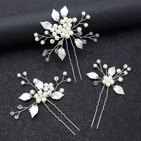 Forcine per Capelli da Sposa Fatte a Mano Oro Argento Lega Foglia Perla Artificiale Strass Bastoncini per Capelli a U Festa