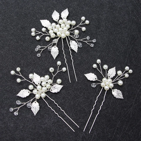 Forcine per Capelli da Sposa Fatte a Mano Oro Argento Lega Foglia Perla Artificiale Strass Bastoncini per Capelli a U Festa