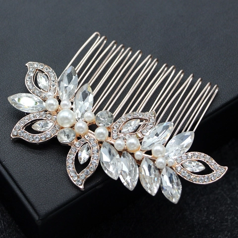 Peine de Aleación Vintage con Diamantes de Imitación para Mujer Boda Novia Perla Artificial Diseño de Hoja Floral Oro Plata Oro Rosa