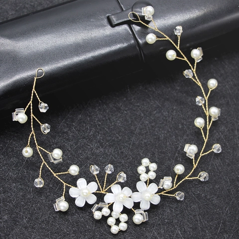 Handmade Bridal Flower Artificial Pearl Hairband Alloy Woven Wedding Headpiece Elegant Forest Style Women Hair Accessories