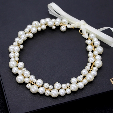 Cerchietto da Sposa con Perle Artificiali Fatto a Mano Stile Coreano Elegante Accessori per Capelli in Filo d'Oro per Donna