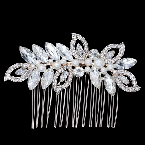 Peine de Aleación Vintage con Diamantes de Imitación para Mujer Boda Novia Perla Artificial Diseño de Hoja Floral Oro Plata Oro Rosa