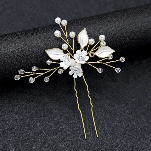 Forcina per Capelli Sposa Fatta a Mano in Lega con Perle Artificiali Strass Design Floreale a Foglia Accessorio Capelli a U