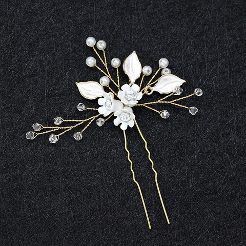 Forcina per Capelli Sposa Fatta a Mano in Lega con Perle Artificiali Strass Design Floreale a Foglia Accessorio Capelli a U