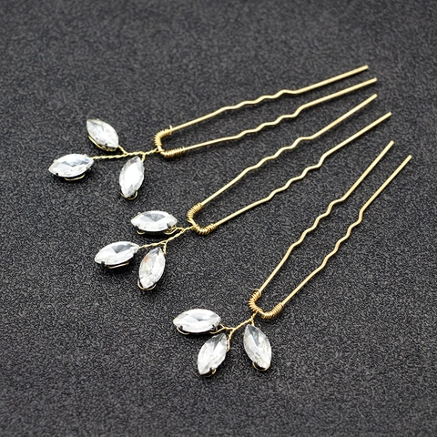Handmade Alloy Rhinestone Leaf U Shaped Hair Pins Set Gold Silver Marquise Crystal Bridal Wedding Hair Accessories For Women