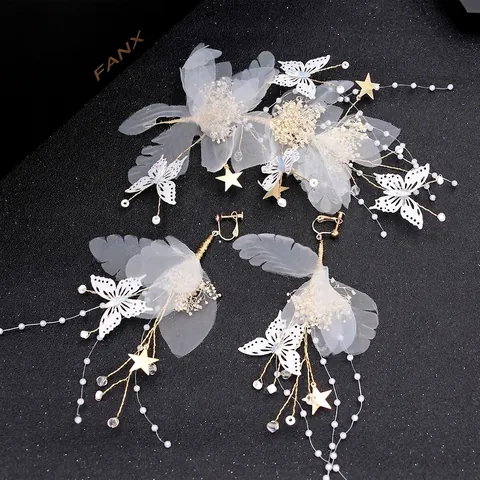 Accessori per Capelli da Sposa Stile Coreano Copricapo Floreale in Garza di Seta Bianca Con Orecchini a Clip in Perle Artificiali