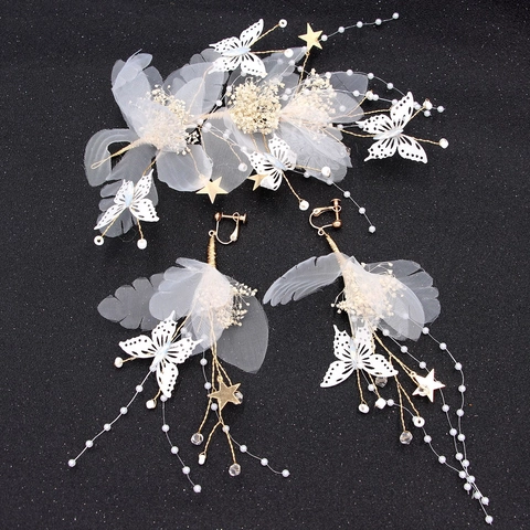 Accessori per Capelli da Sposa Stile Coreano Copricapo Floreale in Garza di Seta Bianca Con Orecchini a Clip in Perle Artificiali