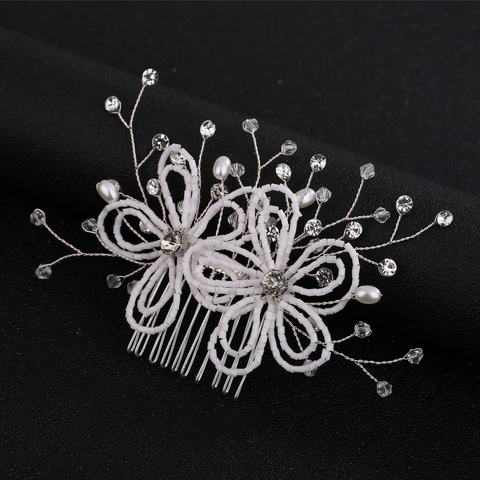 Set di Pettini e Forcine per Capelli Sposa Fatti a Mano Fiori Bianchi Perla Artificiale Strass Cristallo Accessori Matrimonio