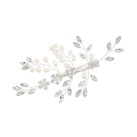Fermaglio per Capelli da Sposa Con Perla Artificiale Strass Lega Fatto a Mano Ramo di Fiori Clip Laterale Gioielli per Donna