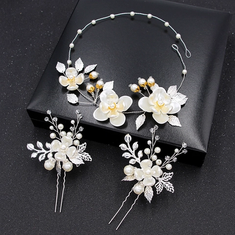 Fascia per Capelli e Forcine da Sposa Fatte a Mano in Lega con Foglie e Fiori Perle Artificiali Strass per Matrimonio Festa Donna