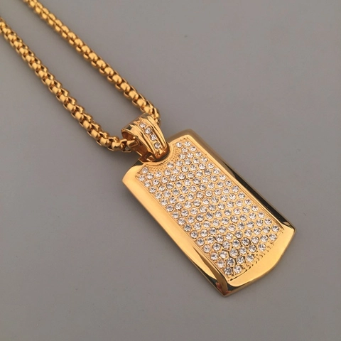 Hiphop Goud Roestvrij Staal Dogtag Halsketting Volledige Strass Militaire Hanger Vierkante Box Ketting Trendy Heren Sieraden
