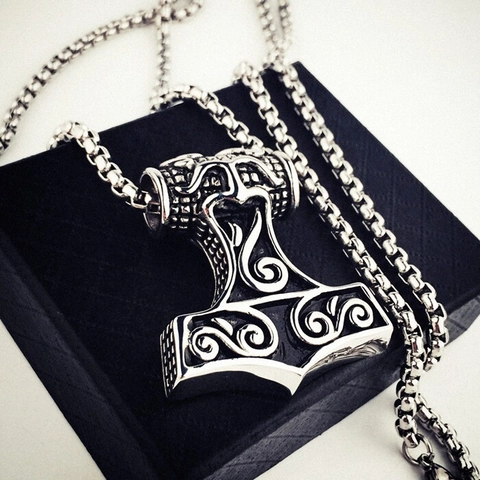 Βίντατζ Κολιέ Μενταγιόν Σφυρί του Thor Viking Mjolnir από Ανοξείδωτο Ατσάλι Αλυσίδα Box Biker Κοσμήματα για Άνδρες Γυναίκες