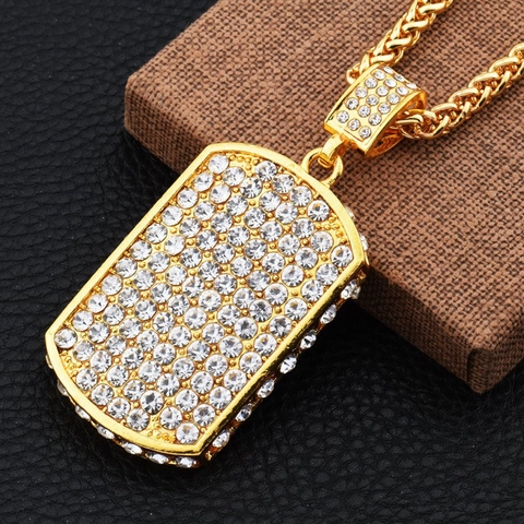 Hip Hop Men Iced Out Square Dog Tag Alloy Necklace With Rhinestone Gold Plated Rectangle Pendant Streetwear Jewelry