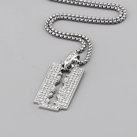 Hip Hop Alloy Rhinestone Razor Blade Pendant Necklace Punk Silver Color Box Chain Jewelry For Men Women Daily Party