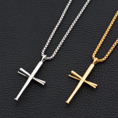 Creative Baseball Bat Cross Pendant Necklace Stainless Steel Hip Hop Jewelry For Men Women Sports Style Chain Necklace