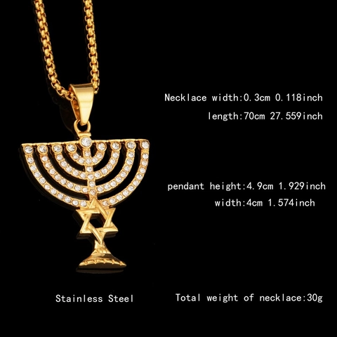 Collar con Colgante de Menorah de Acero Inoxidable Dorado con Estrella de David Strass Joyas Judías Religiosas Unisex