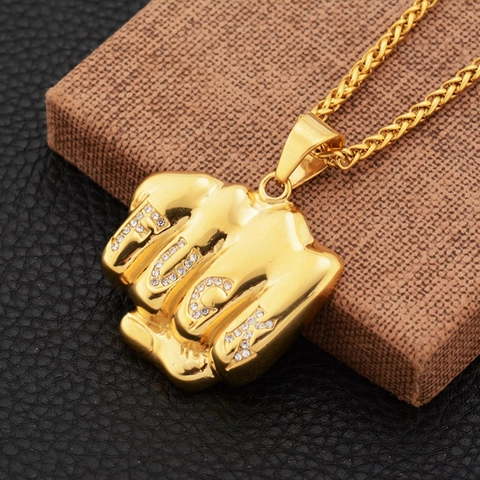 Hip Hop Stainless Steel Fist Pendant Necklace For Men Women Gold Pave Rhinestone Letter Wheat Chain Fashion Street Jewelry